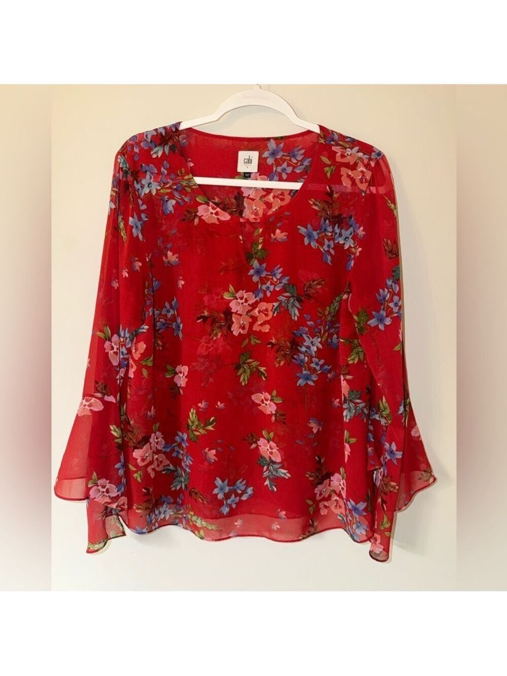 Cabi Sheer Floral Ruffle Blouse Large V-Neck Tie Front Boho ❤️